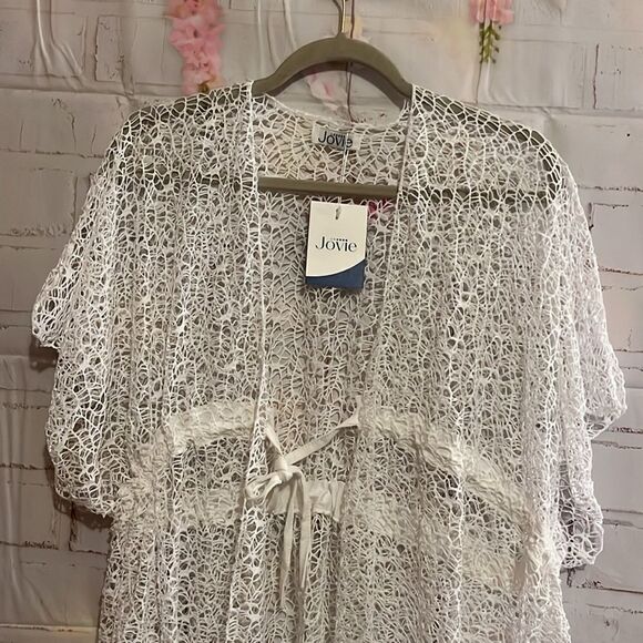Jovie White Micro Lace Kimono Swimsuit Cover up with Drawstring Waist - Picture 2 of 9